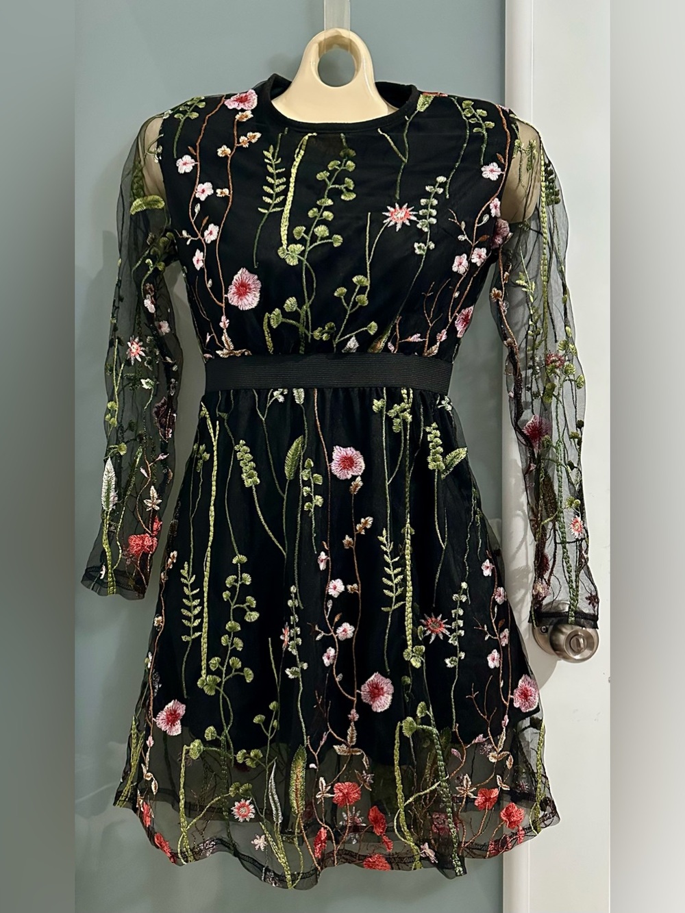 SHEIN Black Long Sleeve Floral Embroidered Mesh Dress